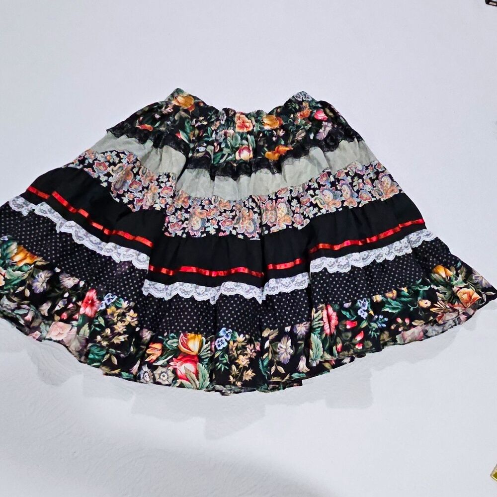 Vintage Square Up! Patchwork Maxi Skirt XL Floral Paisley Lace Made USA Boho